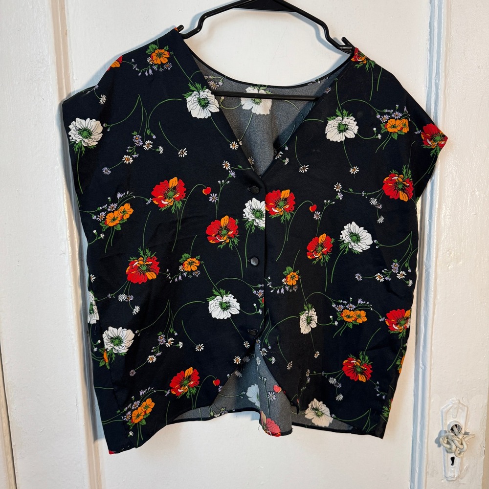 Vintage 70s French Floral Poppy V-Neck Button Plus Size Blouse Cottagecore Vest
